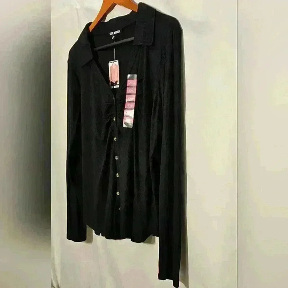 🛑 NWT Steve Madden Black Ruched Stretchy Collared V-Neck Button-up Shirt XXL - Picture 2 of 11